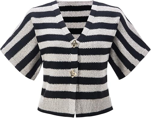 winkbay Women's Striped Button Up V Neck Short Sleeve Knit Sweater Vests