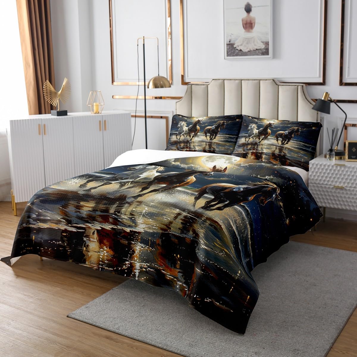 Brown White Horse Coverlet Set Queen Size,Sea Beach Moonlight Galaxy Durable Bedspread for Girls Teens,Wild Animal Oil Painting Soft Polyester Quilt Set, with 2 Pillowcases