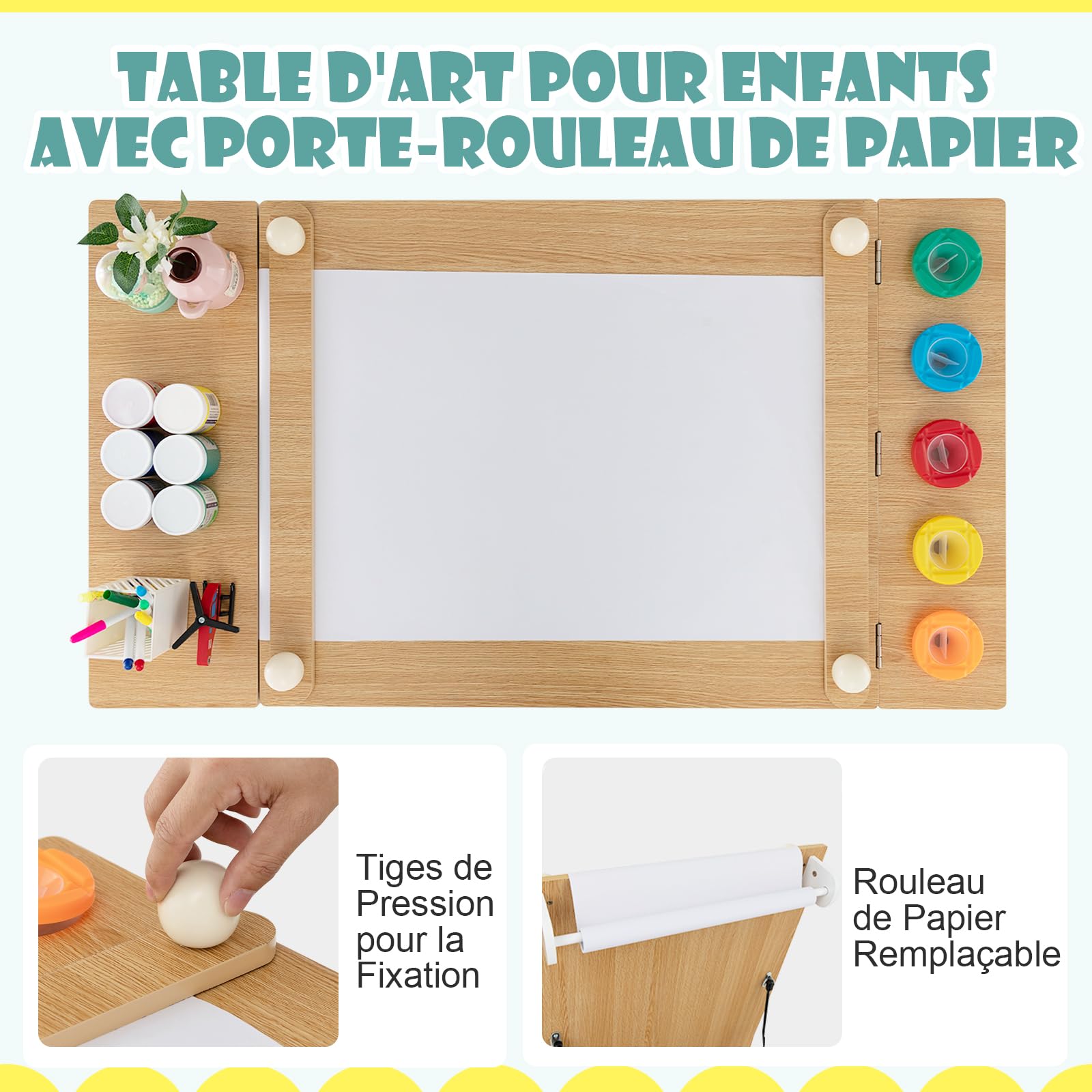 DREAMADE Table à Dessin et 2 Chaises en Bois Enfants,Bureau d'art Tout-Petits avec Plateau Inclinable&6 Tiroirs en Tissu&5 Palettes&Rouleau de Papier,Charge 91+75KG(Naturel)