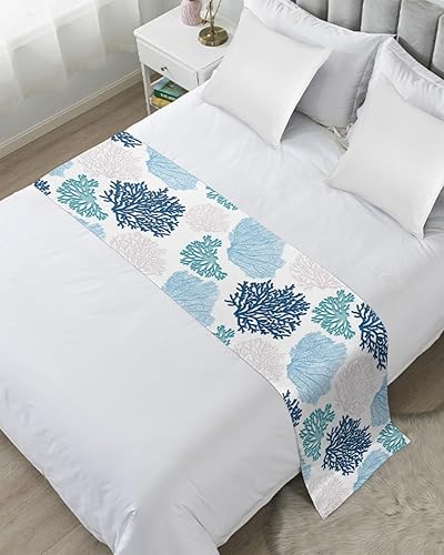 Miniatura 2 de Bufanda decorativa de cama azul verde azulado coral para pie de cama, playa de verano, costera moderna geométrica