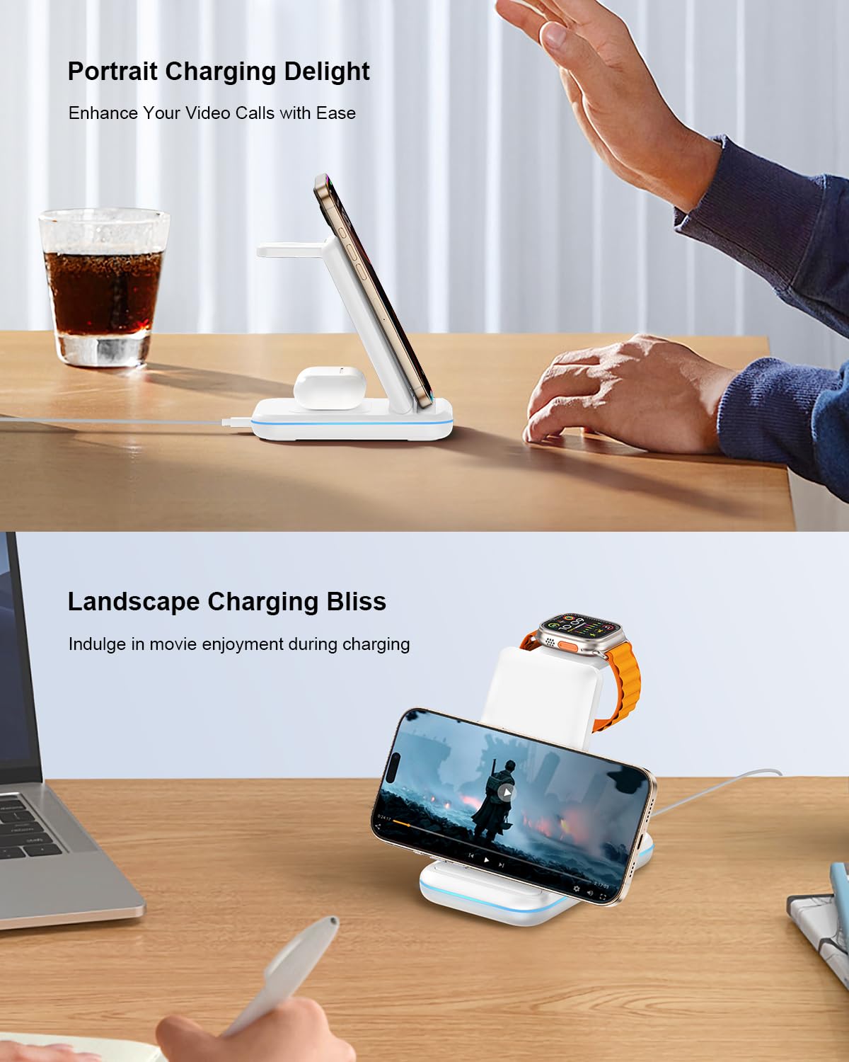 JoyGeek Chargeur inductif 3 en 1 pour iPhone - Chargeur sans fil pour iPhone Air/17/16/15/14, chargeur sans fil pliable pour iWatch 11/10/9/Ultra/SE/8/7/6, station de charge de téléphone pour AirPods
