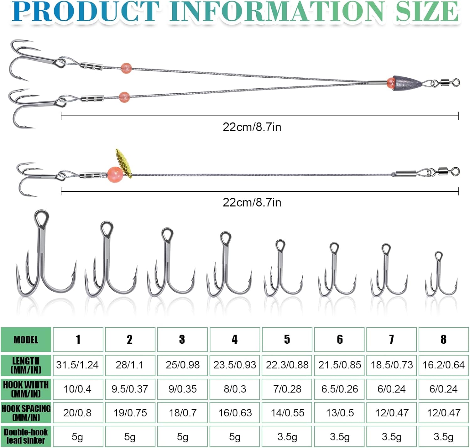 8 Pcs Ice Fishing Tip up Leader Rig Set with Size 1-8 Sharp Hooks, 7.9 Inches Weighted Stainless Steel Sucker Walleye Pike Musky Predator Rig for Ice Angling