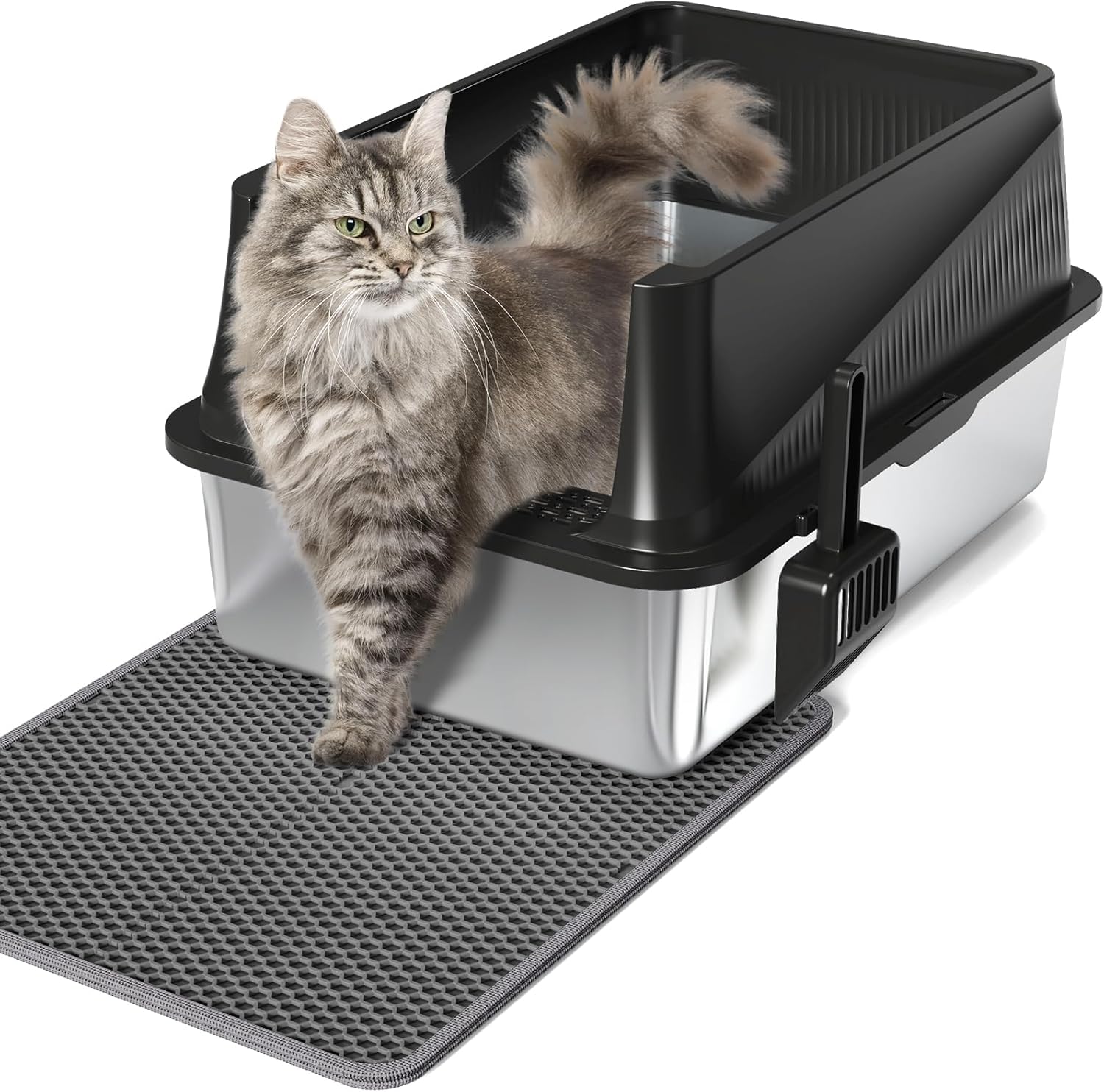 Stainless Steel Litter Box,High Sided Enclosed Cat Litter Boxes with Scatter Shield,XLarge Metal Litter Box for Large Cats, Non-Stick & Anti-Leakage, Easy to Clean, Included Scoop, and Mat (Black)