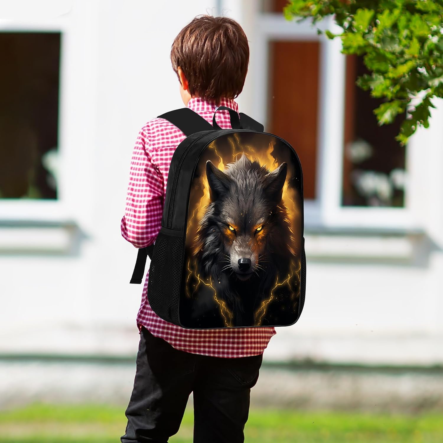 Huke Kids Wolf Backpack for Boys Girls, Cool Black Gold Lightning Backpack for School & Travel, Big Kids Child Backpacks, Elementary Middle High College Student Bookbag, Fire Wolf, 17 Inch