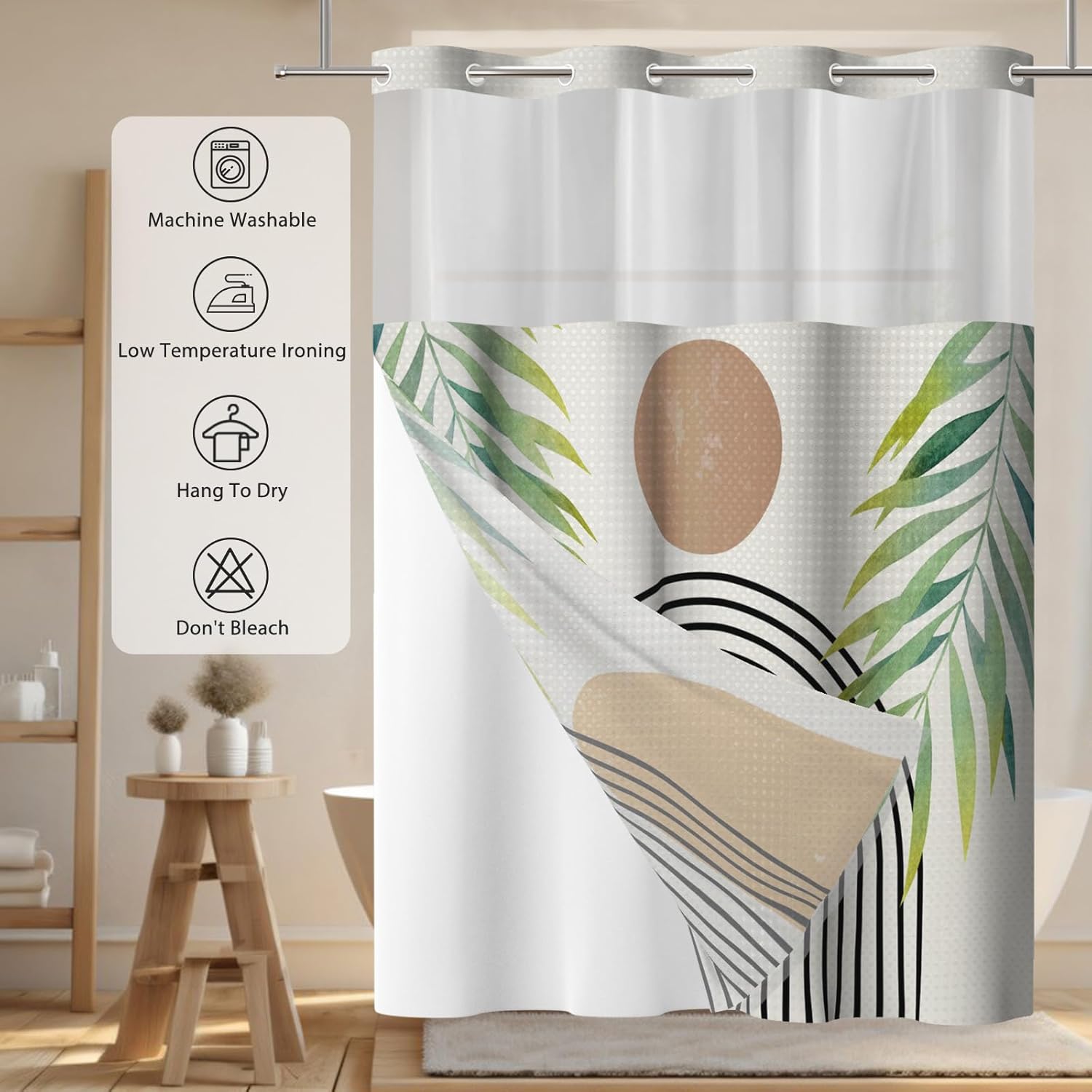 No Hook Shower Curtain with Snap in Liner, Waffle Shower Curtain Set for Bathroom, Mid Century Style with Semi-Sheer Top Window, Waterproof & Washable, 71" W x 86" L