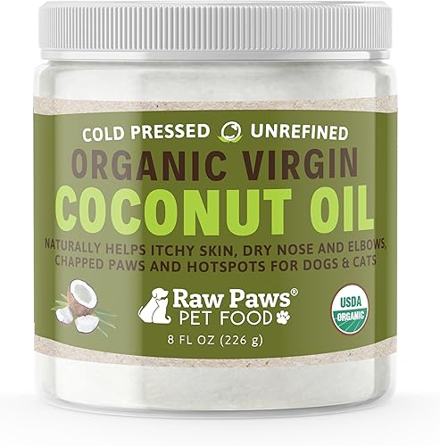 Raw Paws Aceite de coco orgánico para perros y gatos, 8 onzas, tratamiento para picazón en la piel, nariz seca, patas, codos, loción de puntos