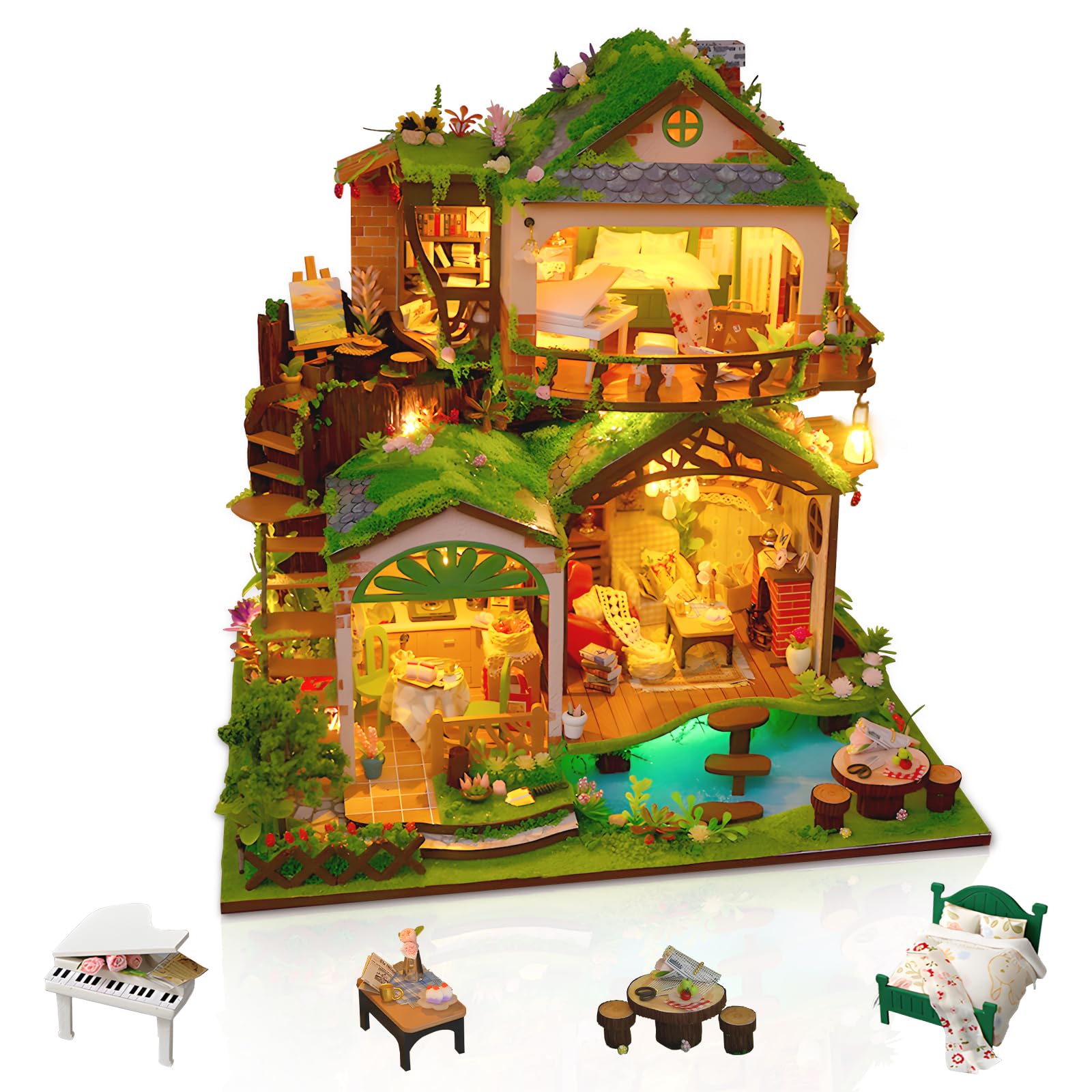 Miniaturowy zestaw domków dla dorosłych, bajkowy baldachim, diorama, budynek z meblami, kreatywny zestaw do dekoracji regału na książki, wyjątkowy prezent na urodziny, Dzień Matki