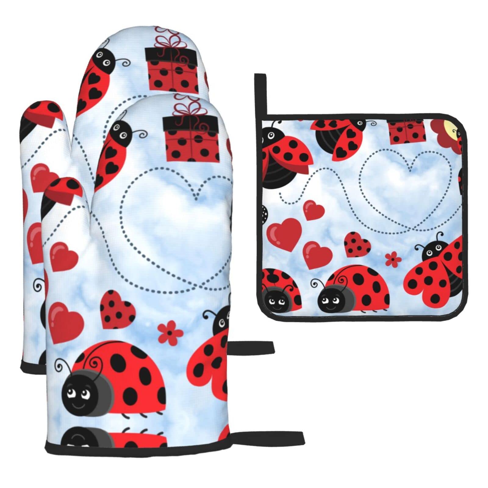 Ladybug and Cloud Oven Mitts and Pot Holder Kitchen Set for Grilling, Cooking, Baking, Heat Resistant