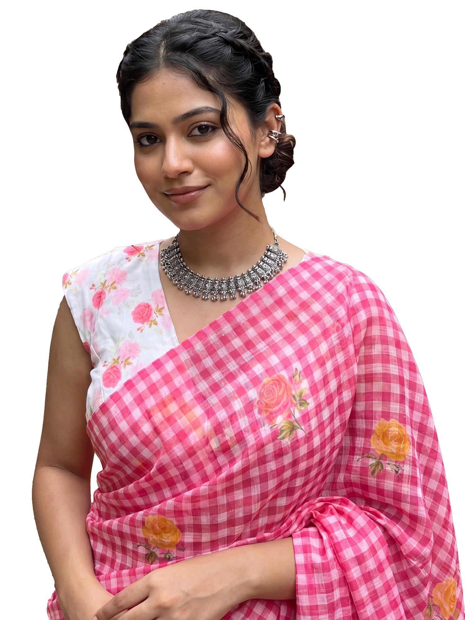 akhilam Women's Pink Linen Checkered Print Saree With Unstitched Blouse Piece|Linen Saree|Linen Saree For Women (UNATI3401_AC)-picture-31