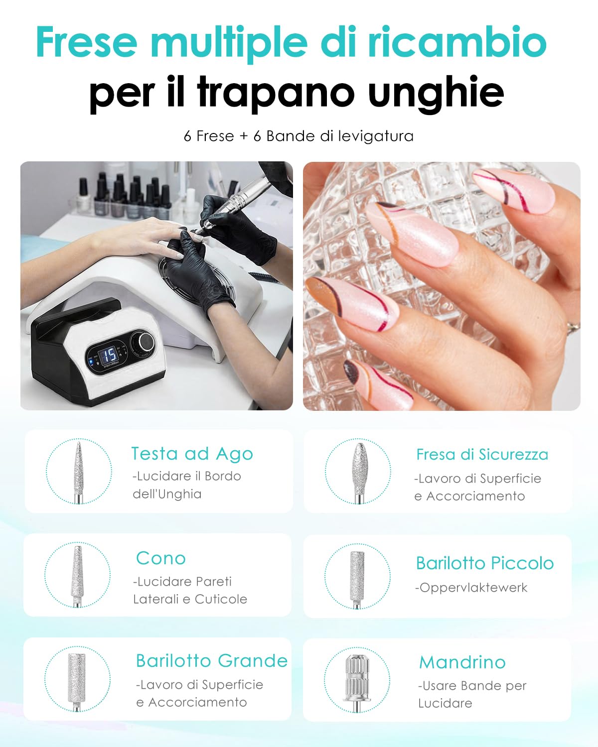 CozyZen Lima per Unghie Elettrica, Trapano Professionale a Filo con 35.000 RPM, Pedale, 6 Frese, Display LED e Controllo Velocità per Casa e Salon（Bianco）