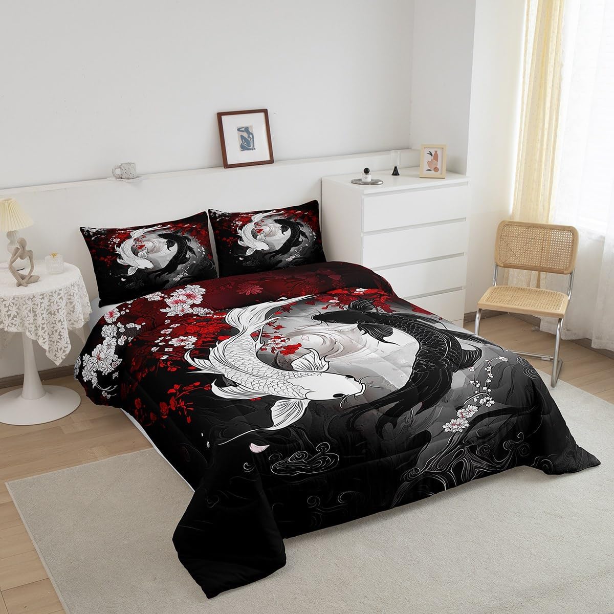 Manfei Koi Fish King Size Comforter Sets for Kids Adults,Cherry Blossoms Bedding Sets Youth Men Teens Child Bedroom Decor,Yin Yang 3 Pieces Quilt Set,Japanese Ukiyo Style Duvet Insert,Soft Fluffy