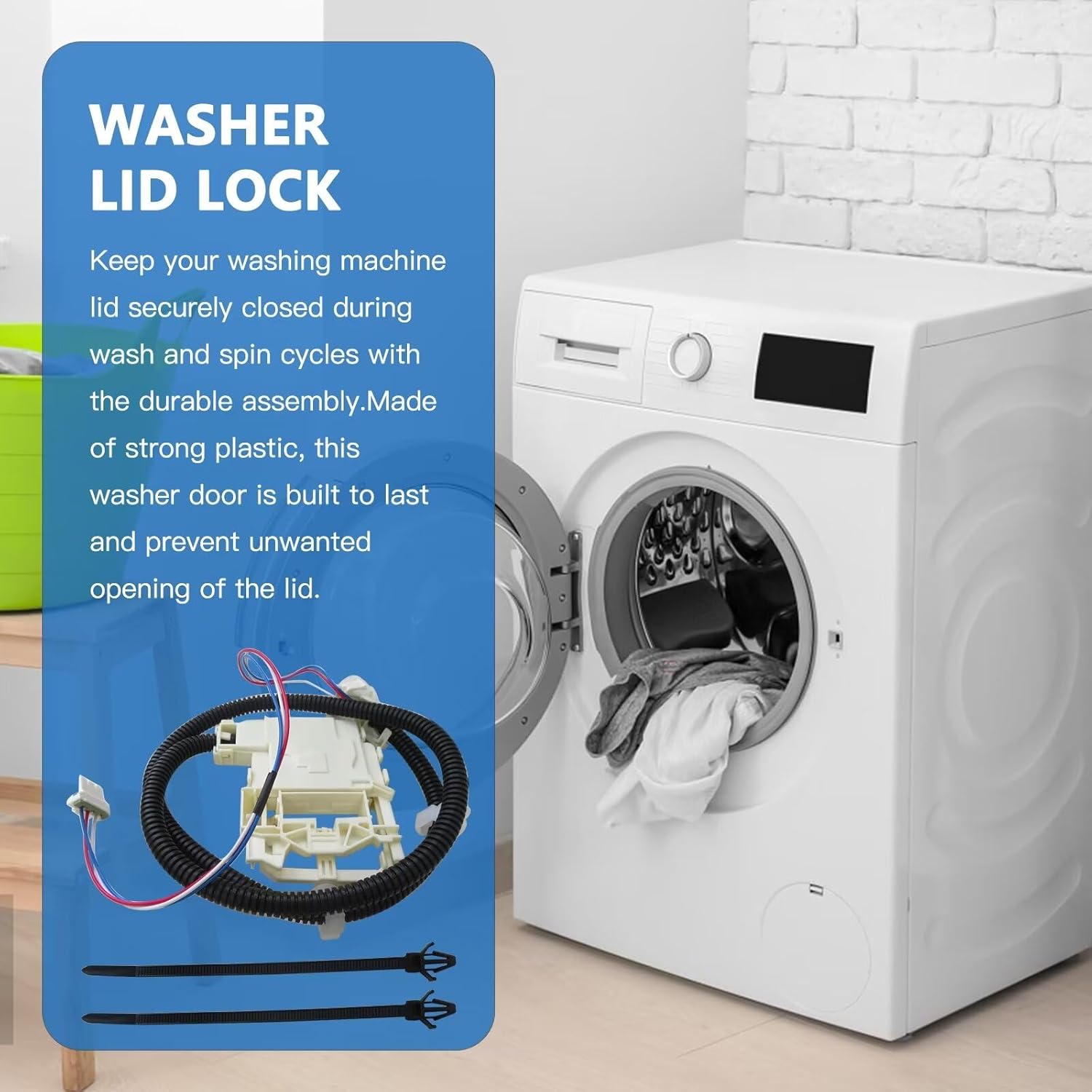 Washer lid lock assembly with an open washing machine in the background