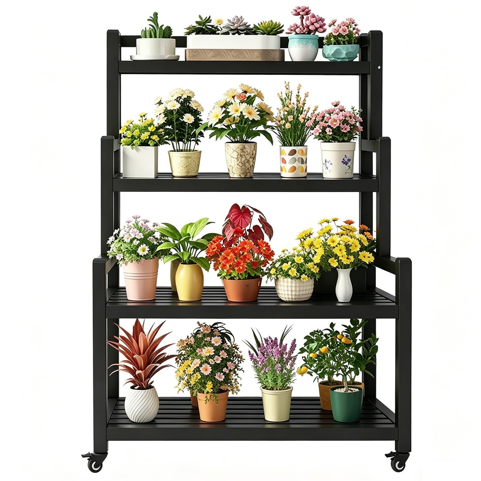 DMCHENGMA 4 Tier Plant Stand with Wheels, Plant Shelf for Indoor Outdoor, Heavy Duty Black Metal Tall Plant Stands Holder Rack(80x40x145cm)