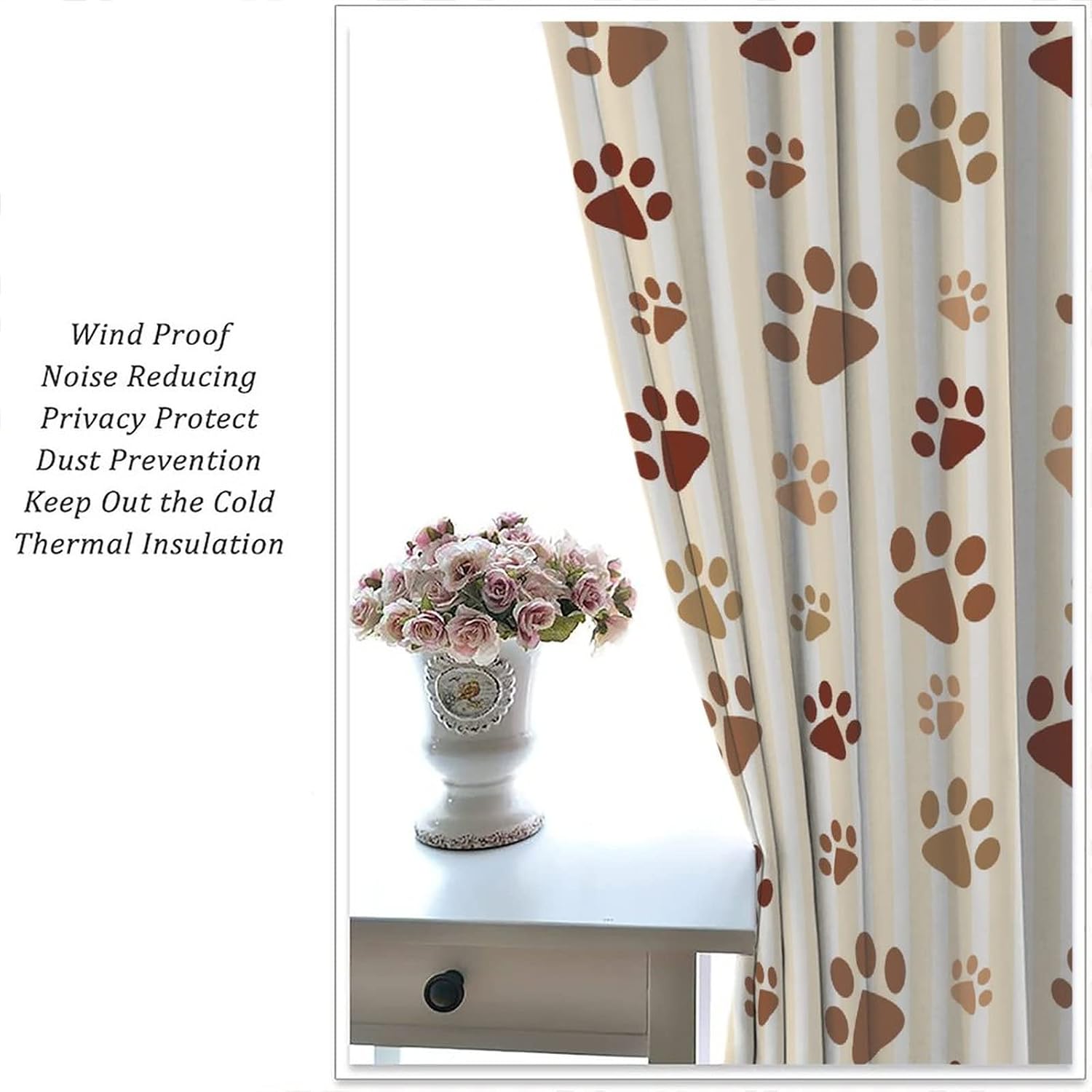 Dog Paw Print Curtains Cartoon Boho Dog Paw Print Bones Rod Pocket Blackout Window Treatment for Kids Girls Bedroom Children's Room Kitchen Home Decor Art Printed Window Drapes 42x54in