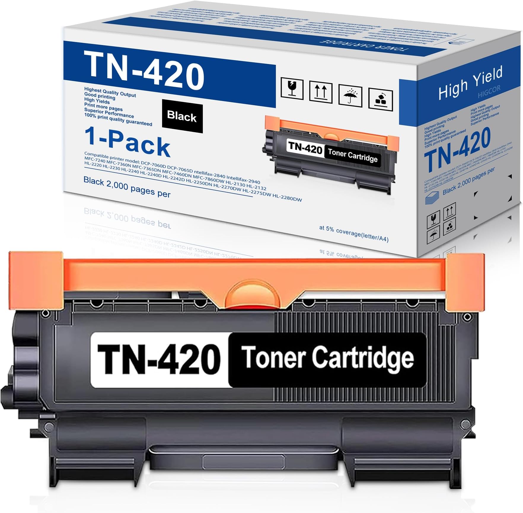 TN420 TN-420 Black Toner Cartridge Replacement for Brother TN420 TN450 HL-2130 HL-2230 HL-2250DN MFC-7240 MFC-7360N MFC-7460DN MFC-7860DW DCP-7060D DCP-7065D Intellifax-2840 2940 Printer 1 Pack