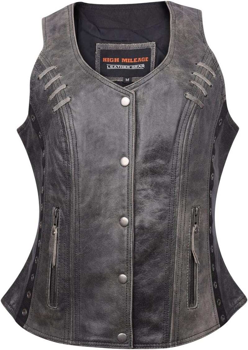 Women's Black Premium Cowhide Biker Motorcycle Leather Vest with Cowgirl Western Leather Outwear, Adjustable Side Buckles