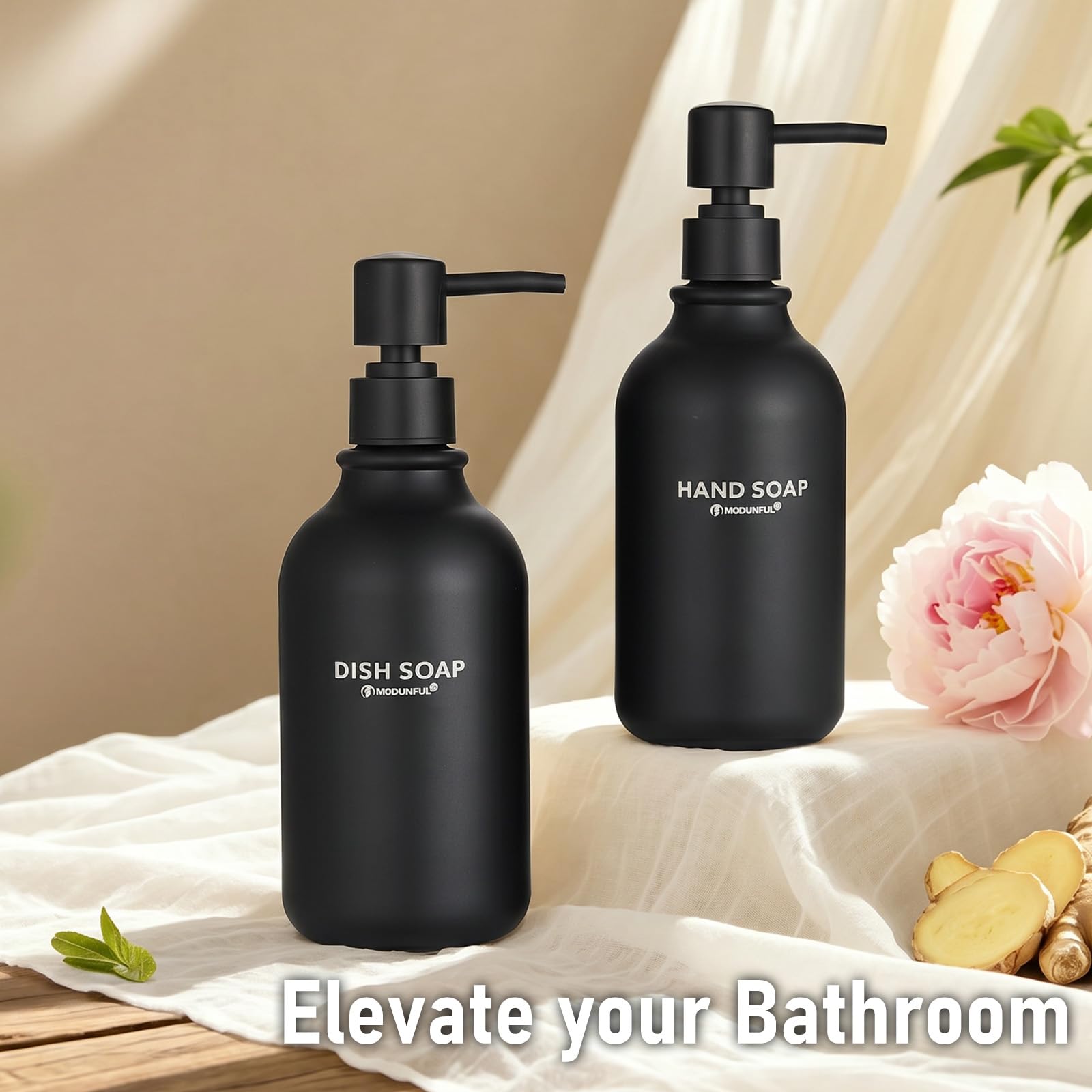 MODUNFUL Hand and Dish Soap Dispenser Set of 2 for Kitchen & Bathroom, Black Bottle & Black Pump, 2 Pcs - Image 8
