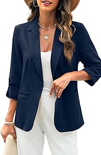 Women's Linen Blazer 3/4 Ruched Sleeves, Lightweight Slim Fit Jackets with Pockets Half Lining