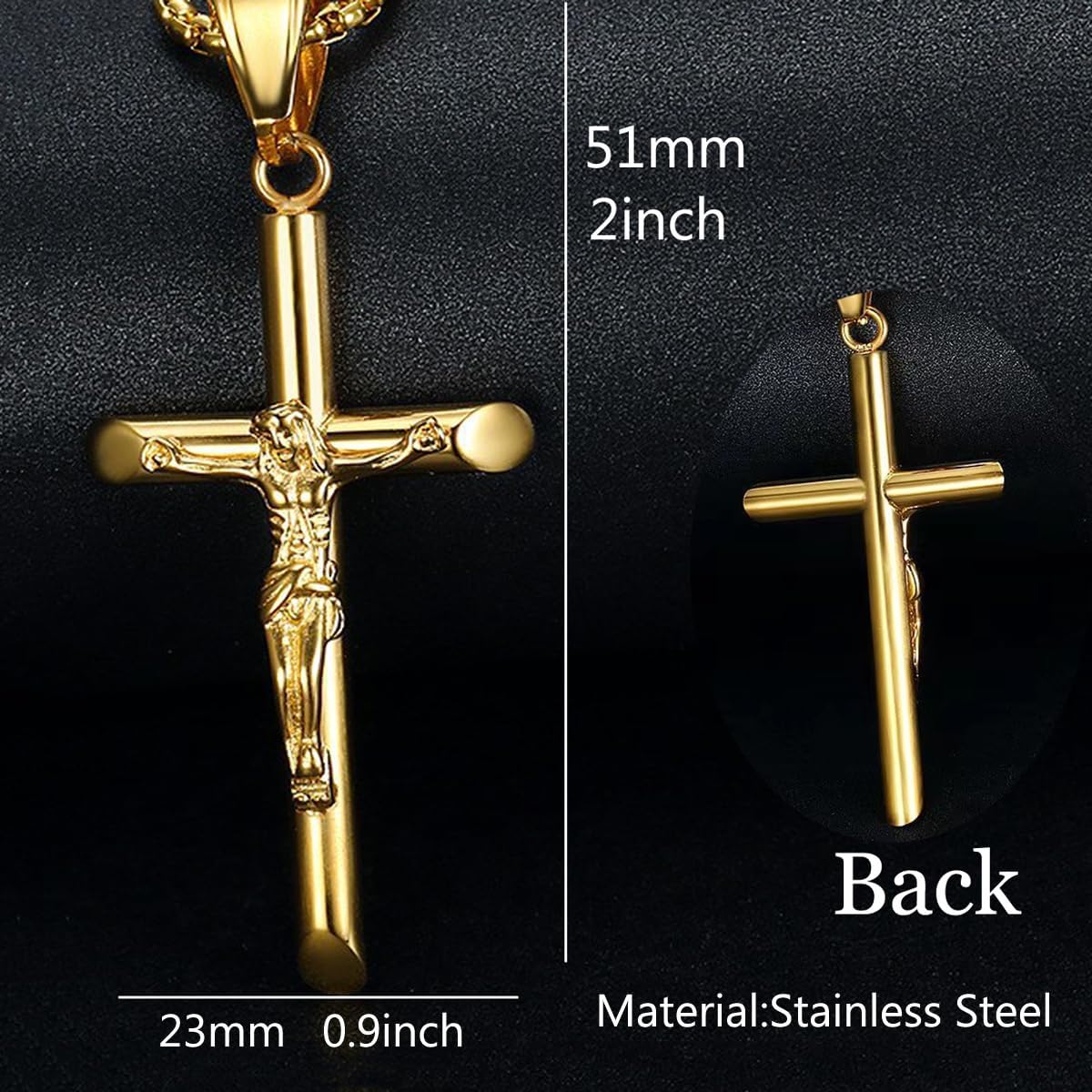 Crucifix Cross Necklace 18k Gold Plated Stainless Steel Cross Pendant Necklace with Jesus 3mm 20" Figaro Chain For Men Women - Image 6