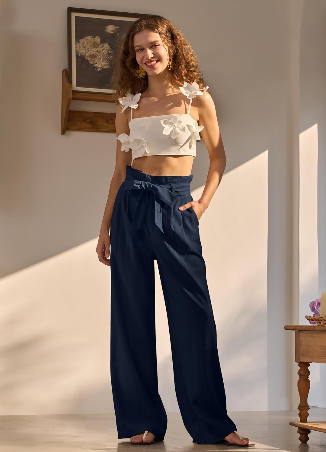 Women Linen Pants 2025 Paperbag Wide Leg Dress Pants High Waisted Work Slacks Tie Knot Trousers with Pockets 28" Navy Blue XXL - Image 5