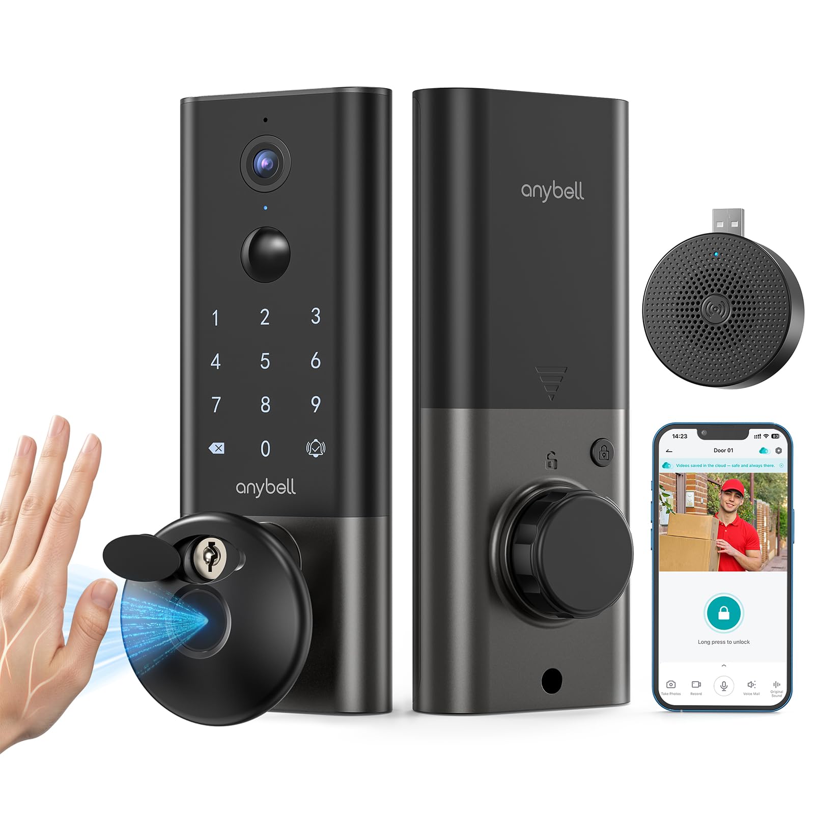 Palm Vein Smart Lock with 2K Security Camera Video Doorbell Anybell Keyless Entry Wi-Fi Deadbolt for Front Door