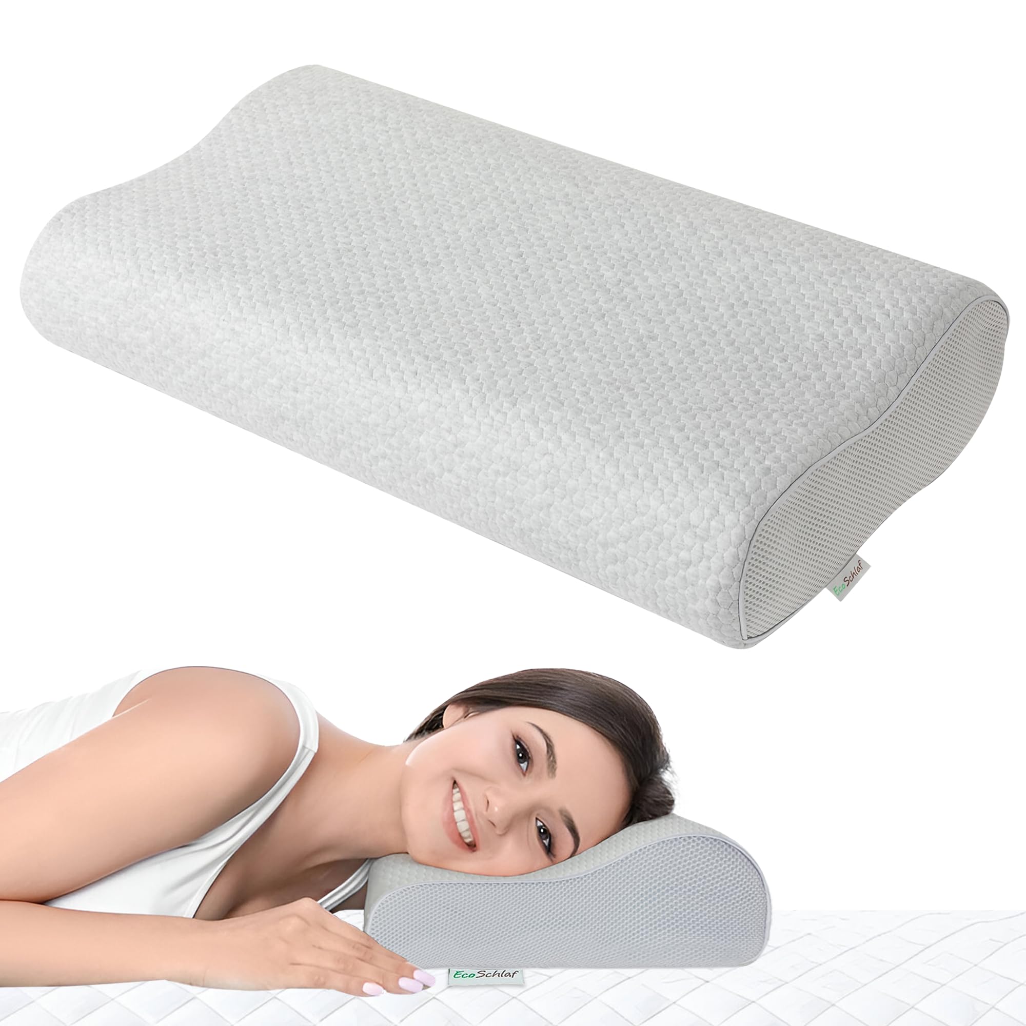 EcoSchlaf® Orthopädisches Kissen Premium Nackenstützkissen – Zertifiziert – Seitenschläferkissen Nackenkissen aus Soft Memory Foam – Ergonomisches Kopfkissen Nackenschmerzen Antischnarchkissen (Grau)