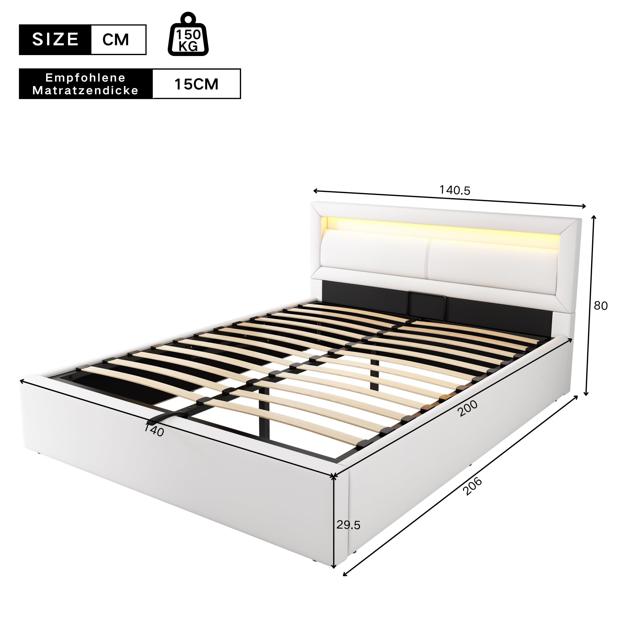 Cama tapizada, Cama LED, 140 * 200 cm, con somier de láminas y canapé, con cabecero Iluminado, Color Blanco, cabecero y Polipiel