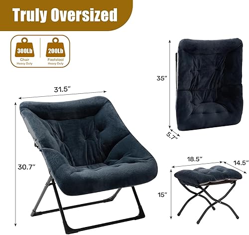 Miniatura 3 de HollyHOME Silla platillo extragrande con otomana plegable, cómoda silla plegable de gran tamaño y reposapiés plegable, silla de lectura de piel