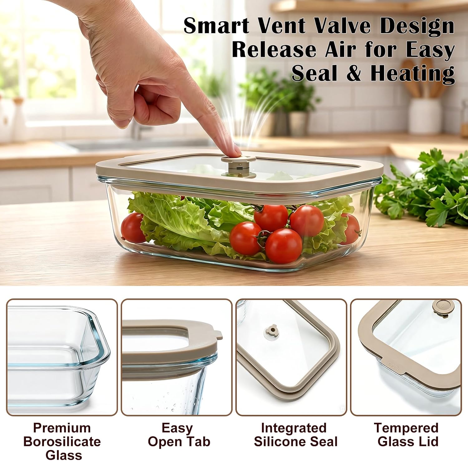 Condition photo showing New/Like New for 5 pack 35 oz glass meal prep containers, plastic-free glass food storage containers with lids, 4.4 cups airtight glass lunch containers for leftovers, microwave, oven, freezer and dishwasher