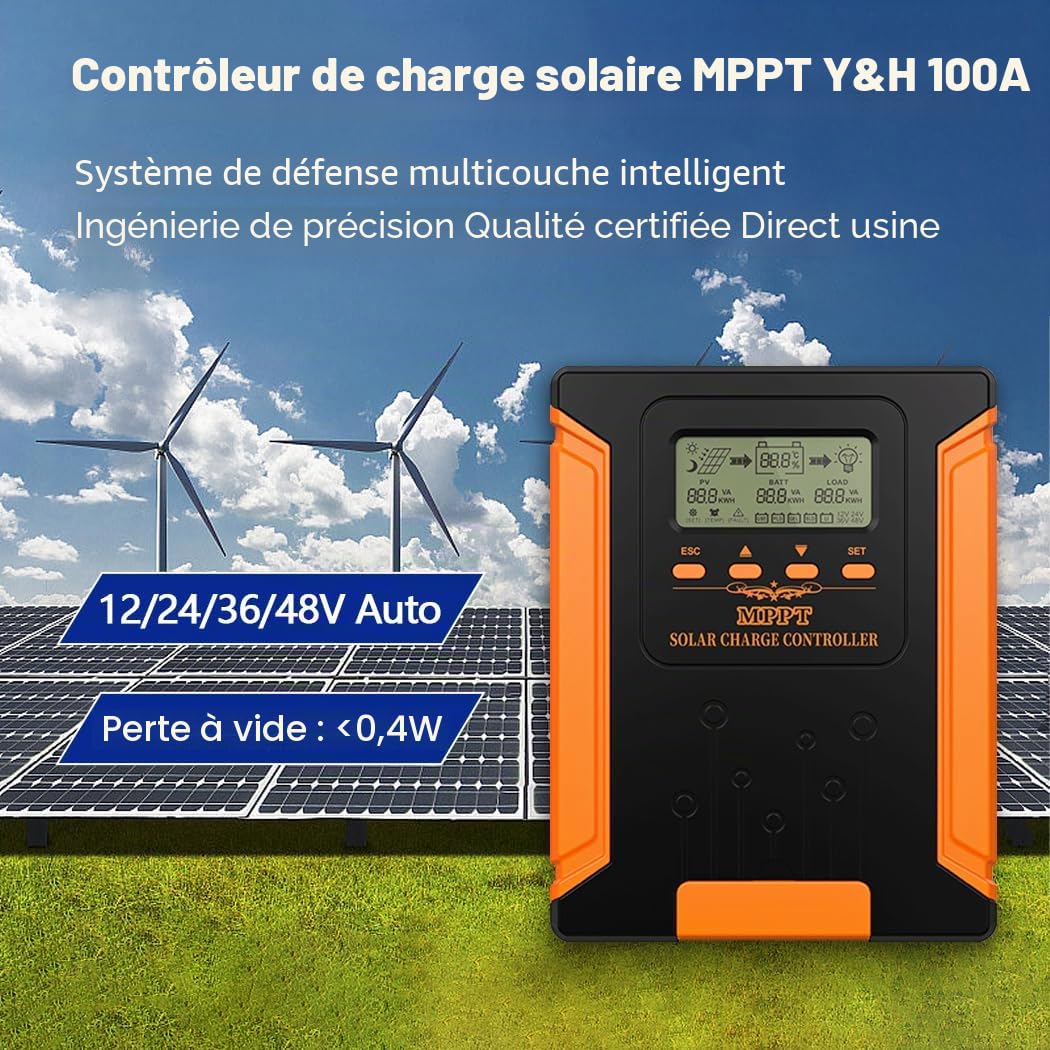 Y&H Régulateur de charge de panneau solaire MPPT 100A 12V 24V 36V 48V max 160V entrée PV pour GEL SLD FLD LI Régulateur de tension de batterie utilisateur