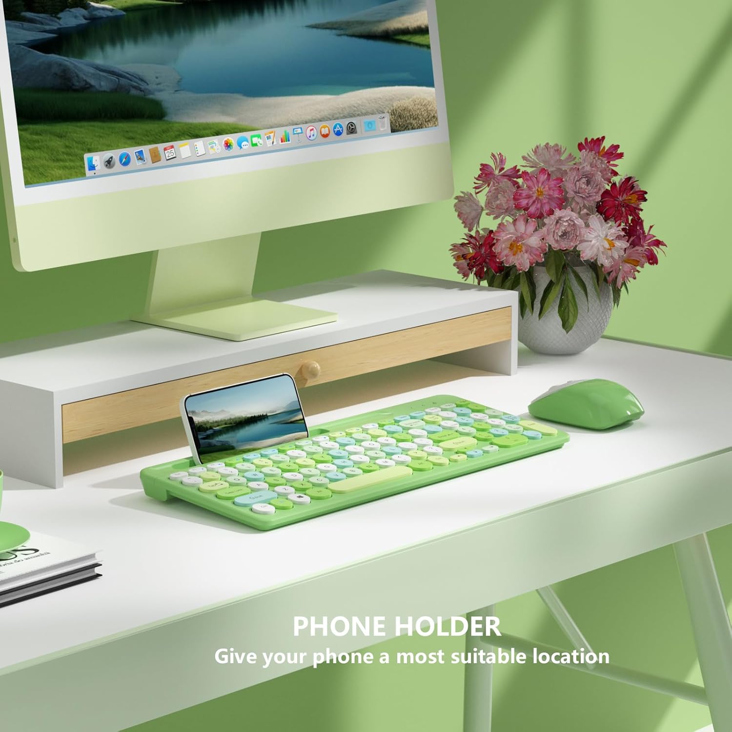 Retro Wireless Keyboard and Mouse Combo, Full-Size USB Keyboard with Round Keycaps, 2.4GHz Wireless for Desktop, Laptop and Computer (Green-Colorful) - Image 3