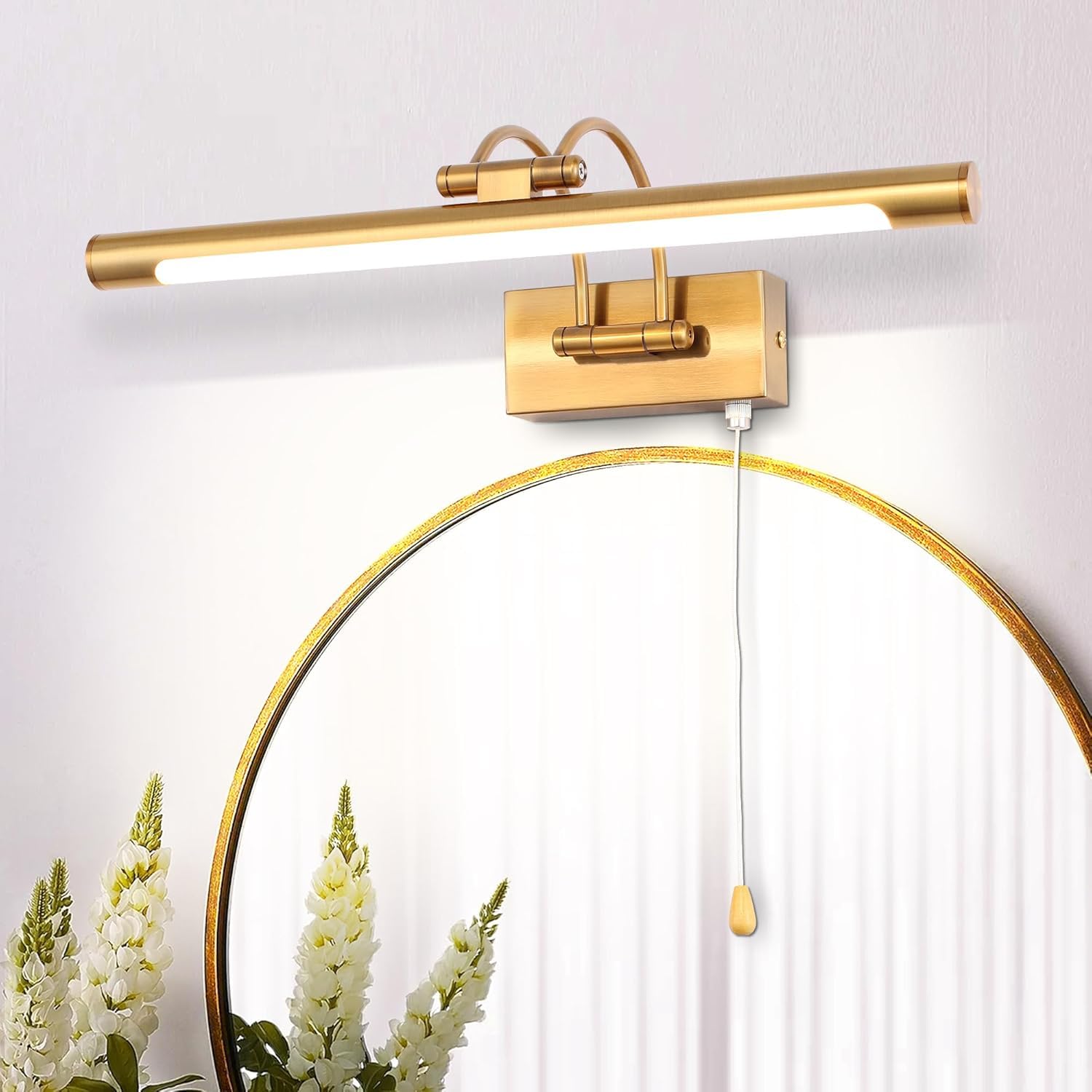 Applique Parete LED 40cm 8W Illuminazione Specchio Bagno IP44 3000K Ottone Braccio Regolabile Interruttore a Trazione Luce da Lettura Interni Applique per Comodino