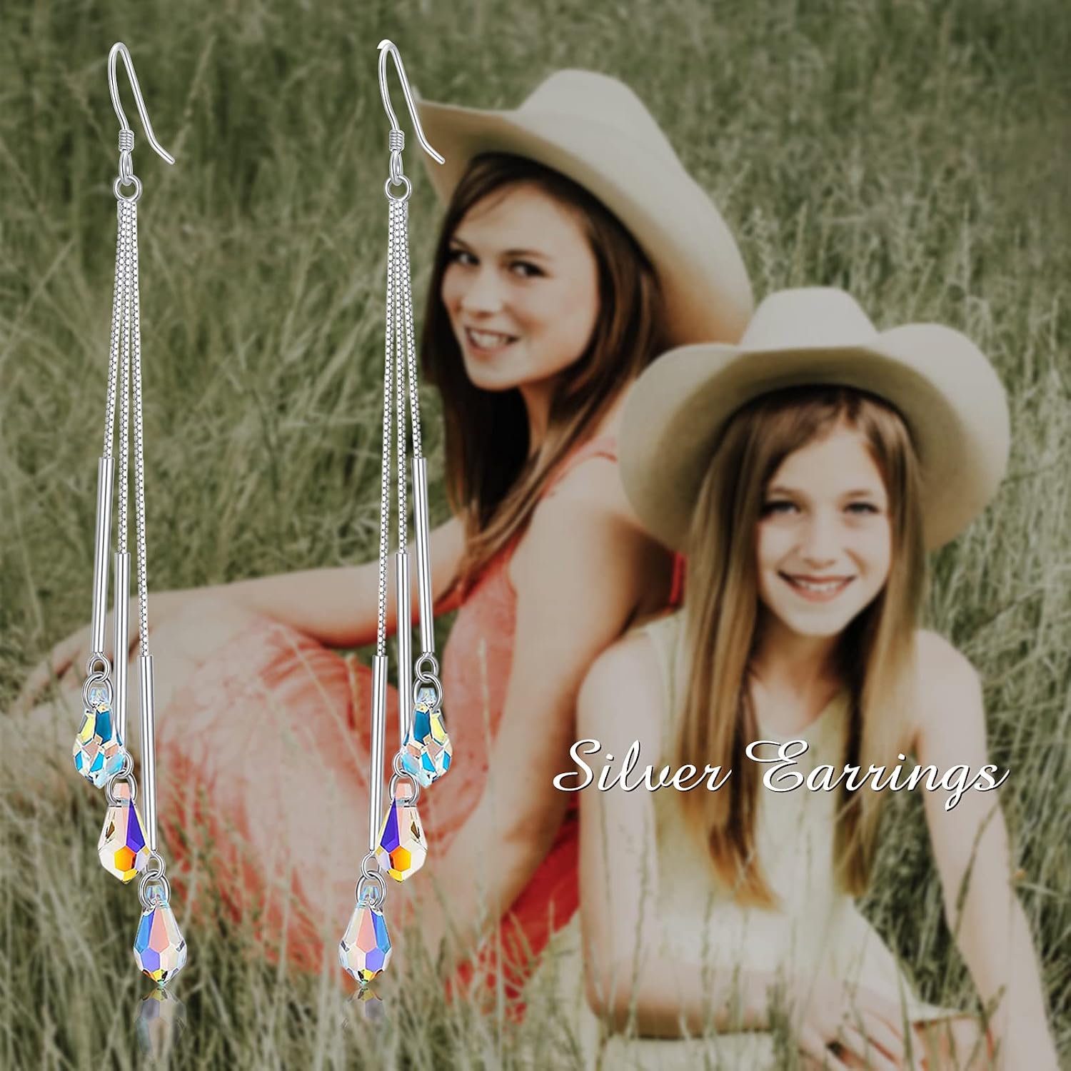 AOBOCO 925 Sterling Silver Teardrop Drop Dangle Earrings with Aurora Borealis Austrian Crystals