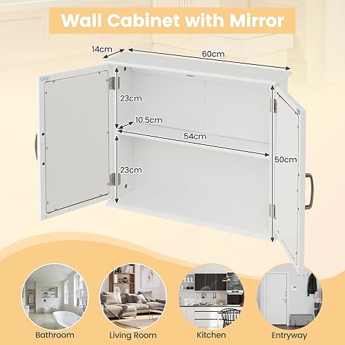 Miniatura 6 de COSTWAY Botiquín de baño con espejo, armario de almacenamiento montado en la pared con 2 puertas, armario de pared de baño sobre el inodoro,