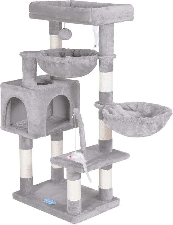 Hey-brother Cat Tree with Toy, Cat Tower for Indoor Cats, Cat House with Large Padded Platform Bed, Cozy Condo, Hammocks and Sisal Scratching Posts, Light Gray MPJ018W