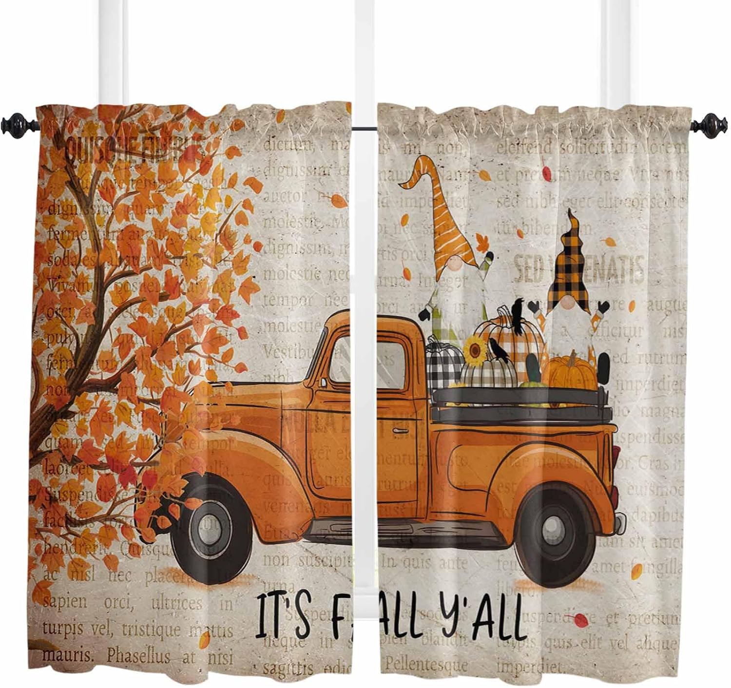 Fall Maples Leaves Kitchen Curtains, Thanksgiving Gnomes Truck Pumpkin Vintage Light Filtering Window Curtain, 2Pcs Rod Pocket Window Treatments Set for Living Room Bathroom Bedroom 52x72 Inches