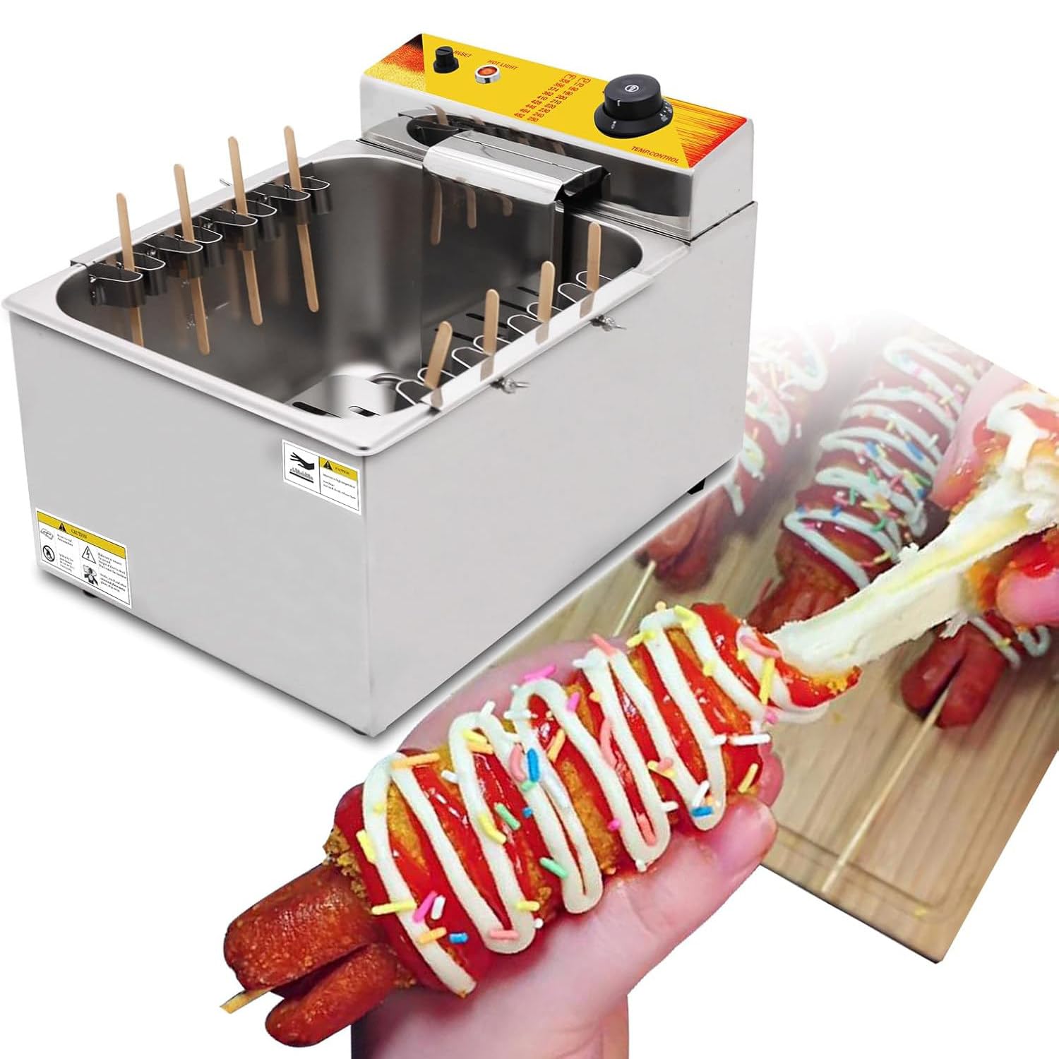 BOOZXCV 1900w Cheese Hot Dogs Sticks Frying Machine, 12L Corn Dog Fryer, Commercial Cheese Hot Dogs Sticks Making Machine, Sausage Frying Equipment Electric Deep Fryer Adjustable Temperature