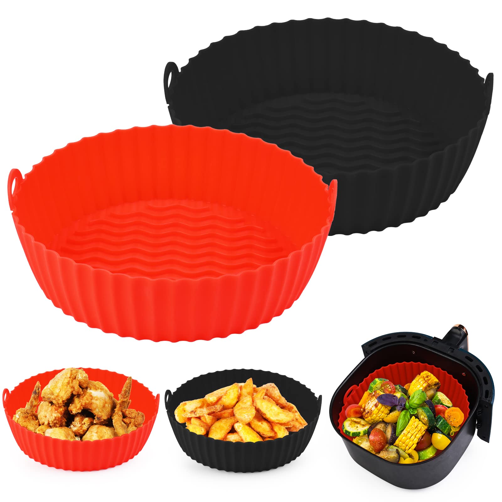 Kinggrand Kitchen 2 Pack Air Fryer Silicone Lliners 8.5inch for 5 to 8 QT Reusable Air Fryer Pot Round Air Fryer Silicone Baking Tray Easy Cleaning for Oven Accessories（Red,Black）-image-19