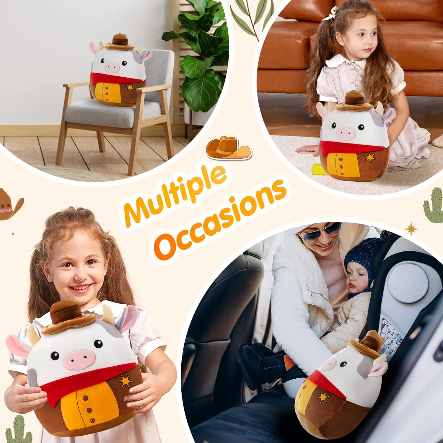 Cow Cowboy Plush Stuffed Animals Original Plushie Cute Soft Cuddle Pillow for Boys Girls, 13"
