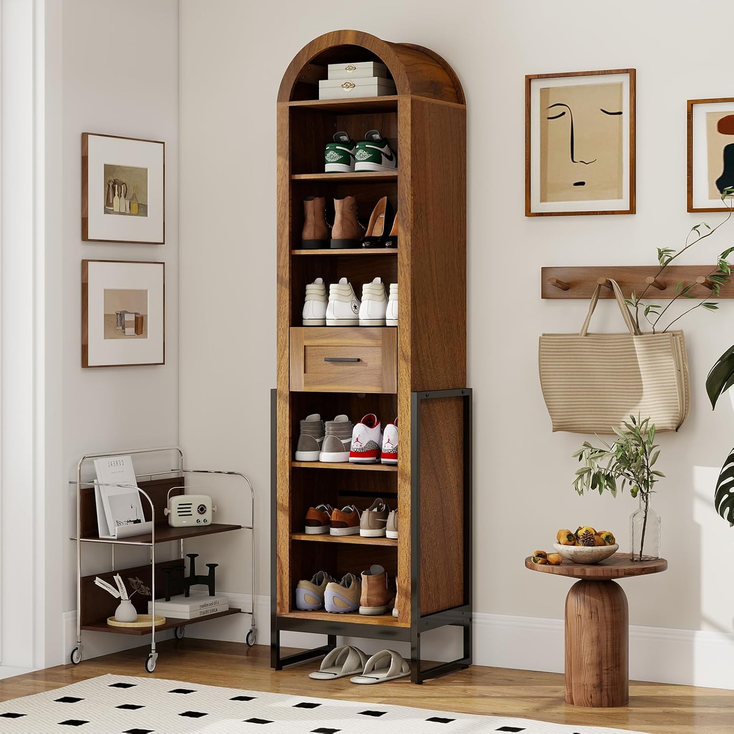 YU YUSING 71" Tall Shoe Storage Cabinet, 8 Tiers Arched Shoe Rack Organizer with Drawer, Freestanding Shoe Closet Shelf with Open Storage for Closet, Entryway, Living Room