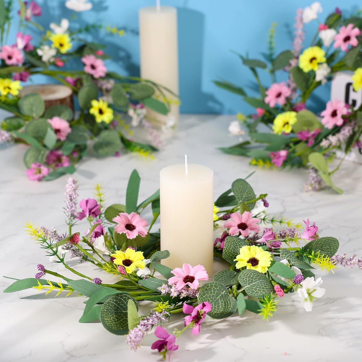12 Pcs Spring Summer Candle Rings Artificial Flowered Wreath Mini Floral Wedding Candle Rings Wreaths Pillar Candle Holder for Wedding Spring Summer Home Door Tabletop Decoration