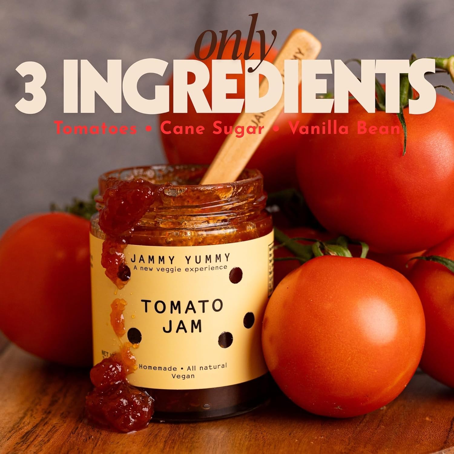 Pack of Three Jammy Yummy - Tomato Jam 7.7oz, Jalapeno Jam 7.8oz and Caramelized Onion Jam 8oz