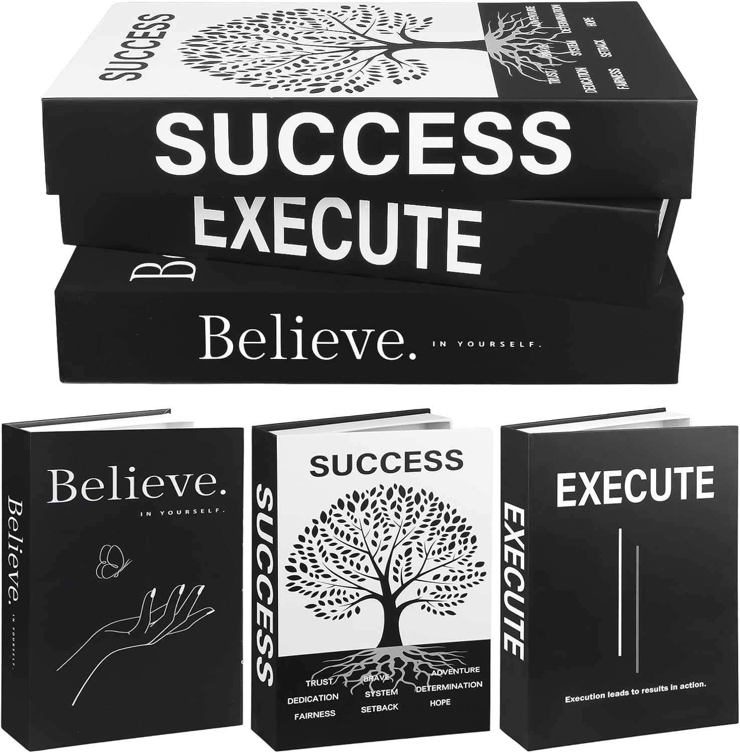 Motivational Desk Décor Set of 3 Decorative Books for Modern Home Office Decor Shelf Aesthetic Black & White Faux/Fake Books for Decoration Minimalist Book Box for Coffee Table Bookshelf TV Stand