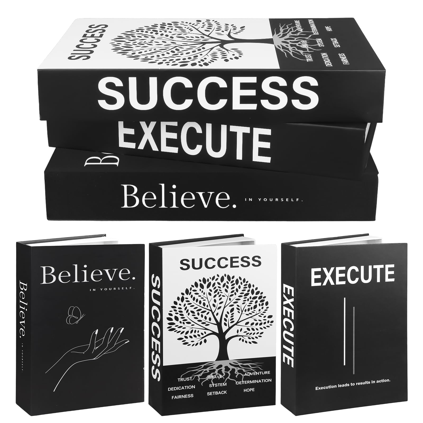 Motivational Desk Décor Set of 3 Decorative Books for Modern Home Office Decor Shelf Aesthetic Black & White Faux/Fake Books for Decoration Minimalist Book Box for Coffee Table Bookshelf TV Stand