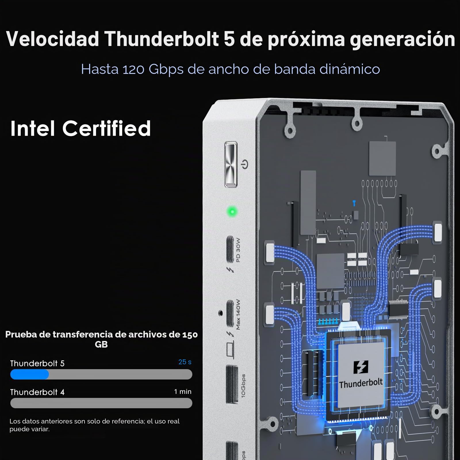 WAVLINK Estación de acoplamiento Thunderbolt 5 con certificación Intel EVO: base TB5 con transferencia máxima de 120 Gbps, hub Thunderbolt 5 con carga máxima de 140 W, 4X USB-A 3.2, sistema de