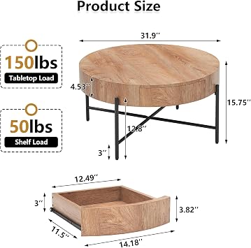 CABIHOME Round Coffee Table with Two Drawers Circle Center Table with Storage Farmhouse Coffee Table Living Room Wood Look Cocktail Table with Metal Frame Natural