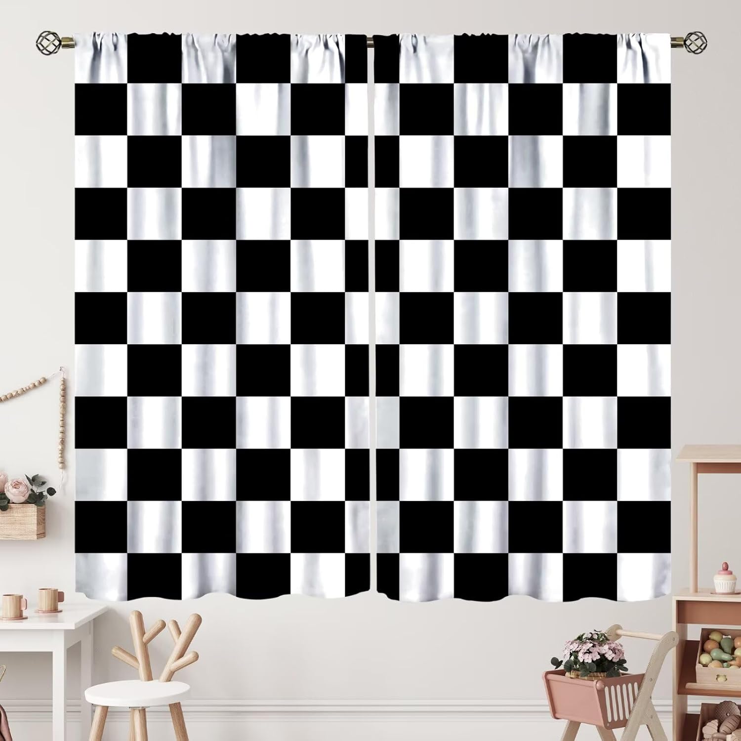 Black White Plaid Curtains Geometric Checkered Flag Racing Race Car Line Pattern Curtain with Rod Pocket for Bedroom Living Room Decor Drapes Window Treatments 2 Panels Set 42x63in