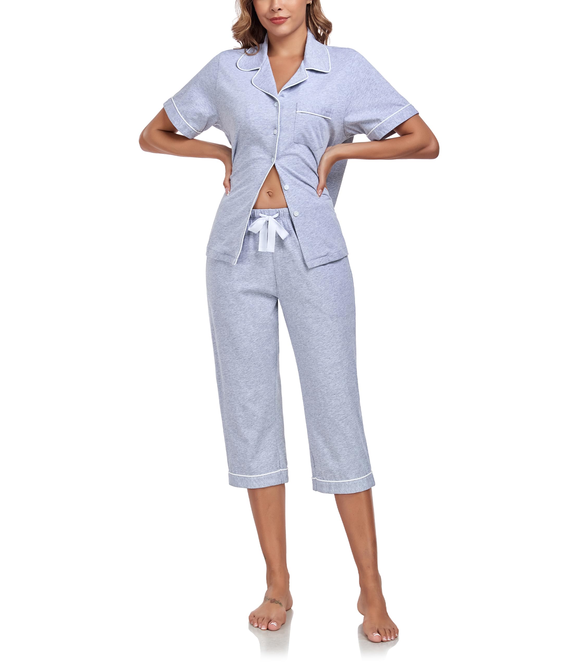 ANLIQI Womens Capri Pajamas Sets 100% Cotton Button Up Short Sleeve Top & Capri Pants Pjs Summer Sleepwear with Pockets