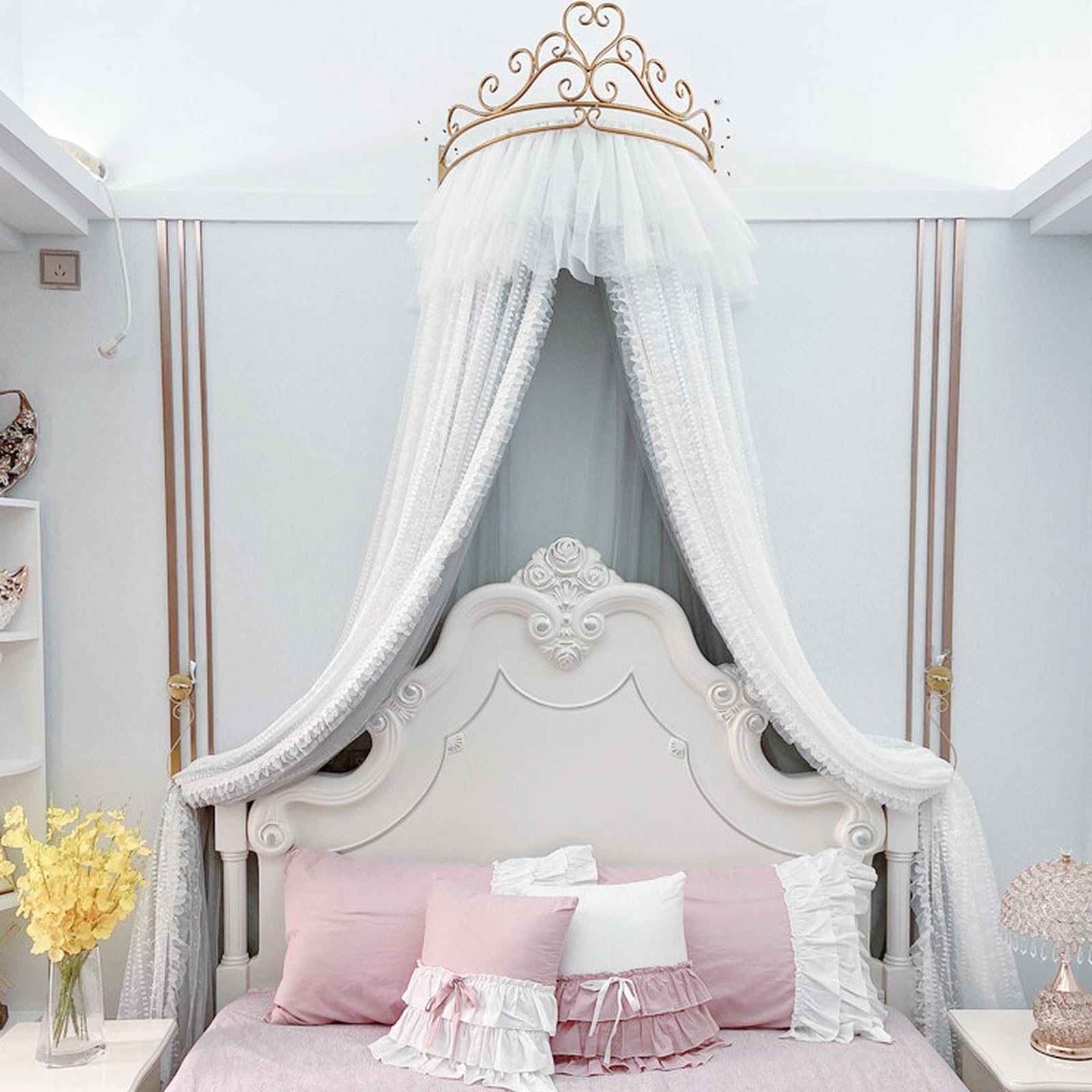 SDCGB Bed Canopy for Girls & Adults, Princess Bed Curtain with Metal Crown, Elegant Double Layer Tents Bed Canopy Valance, Gray1