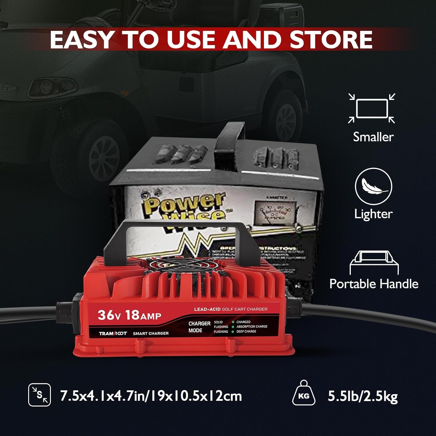 18 Amp Golf Cart Charger for 36 Volt Club Car, EZGO & Yamaha Lead Acid Battery with Upgraded Crowfoot Plug - Image 5